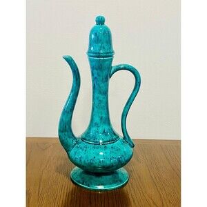 1970s Studio Pottery Genie Bottle Signed Teal Blue Speckled Glaze MCM Boho Decor